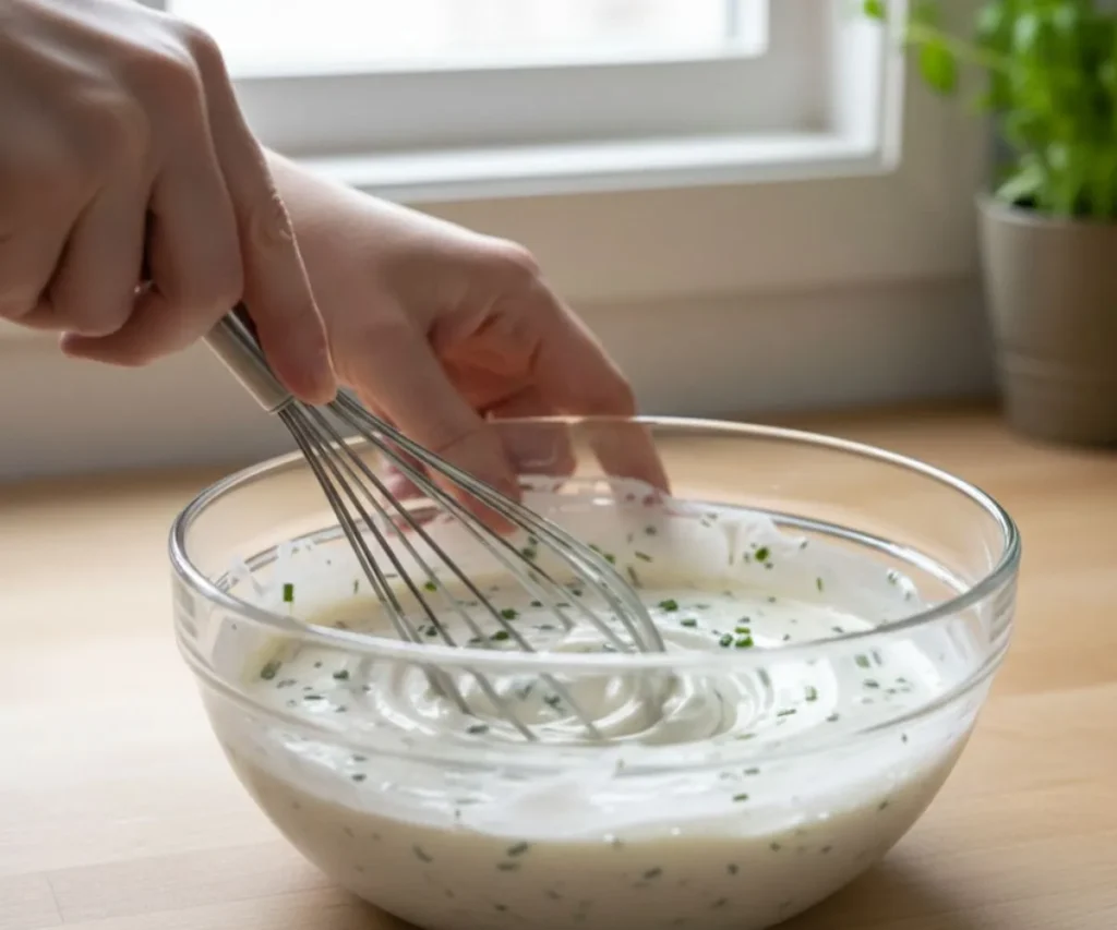Mixing vegan ranch dip in a bowl with a whisk