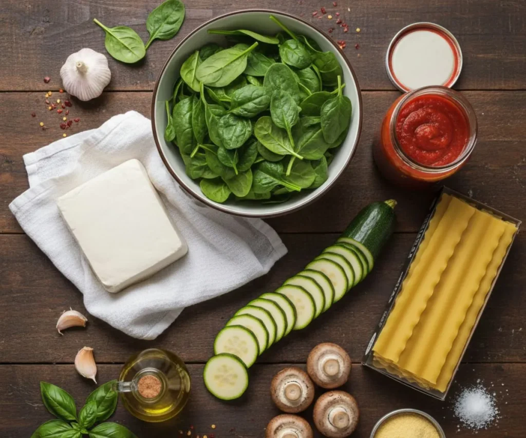 Ingredients for vegan lasagna with tofu ricotta