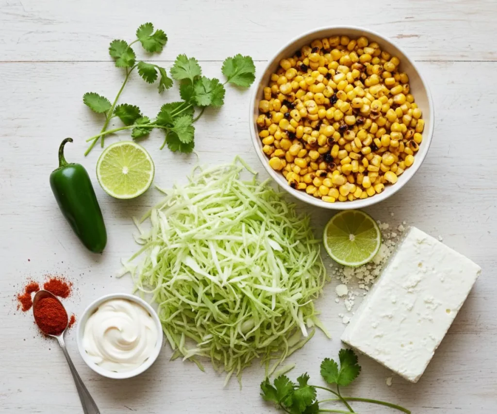 Ingredients for Mexican street slaw on white background