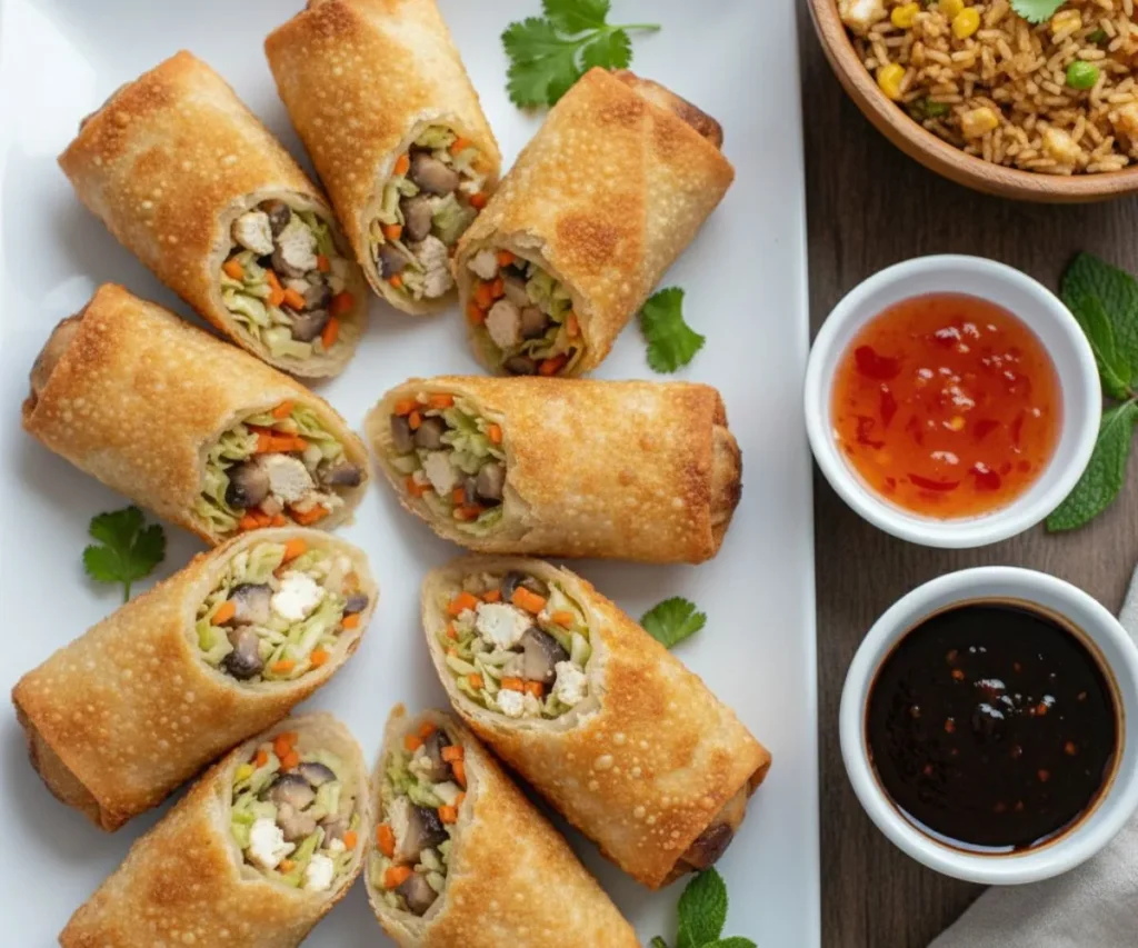 Vegan egg rolls served on platter with dipping sauces