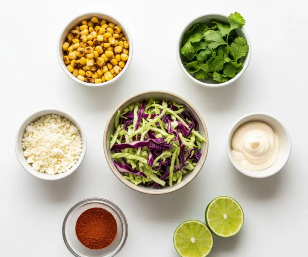 Ingredients for Mexican street slaw on white background
