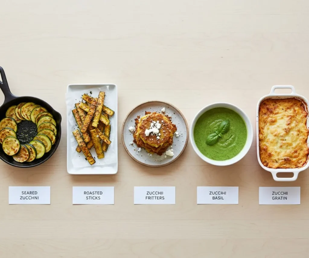 Different Mediterranean zucchini cooking methods including seared, roasted, fritters, and soup