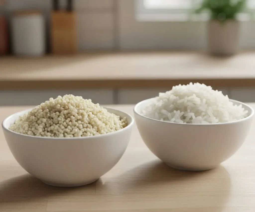 Cooked quinoa next to cooked white rice showing texture difference