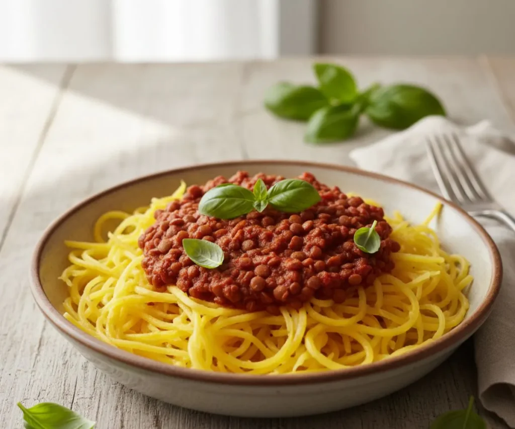 Spaghetti squash with marinara sauce and lentils.