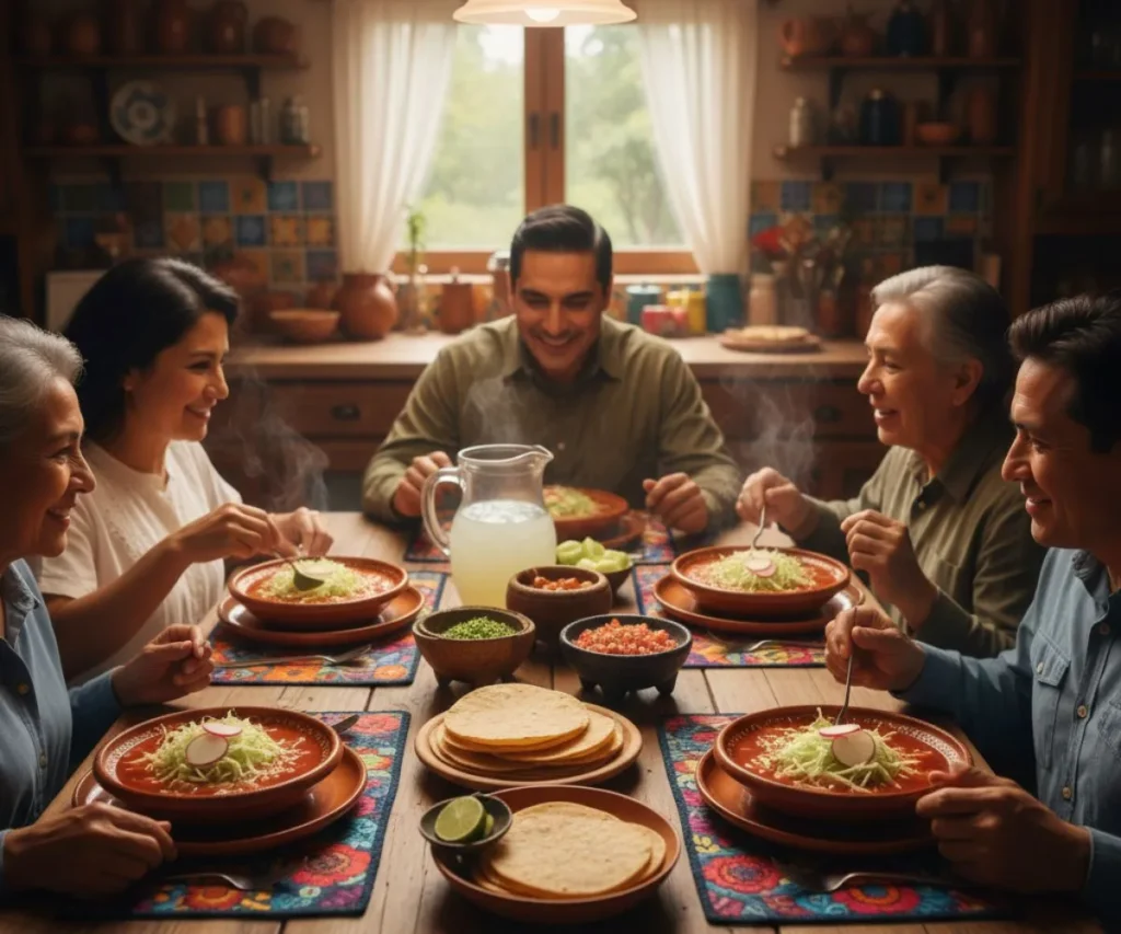 Family enjoying homemade Mexican soup at dinner table