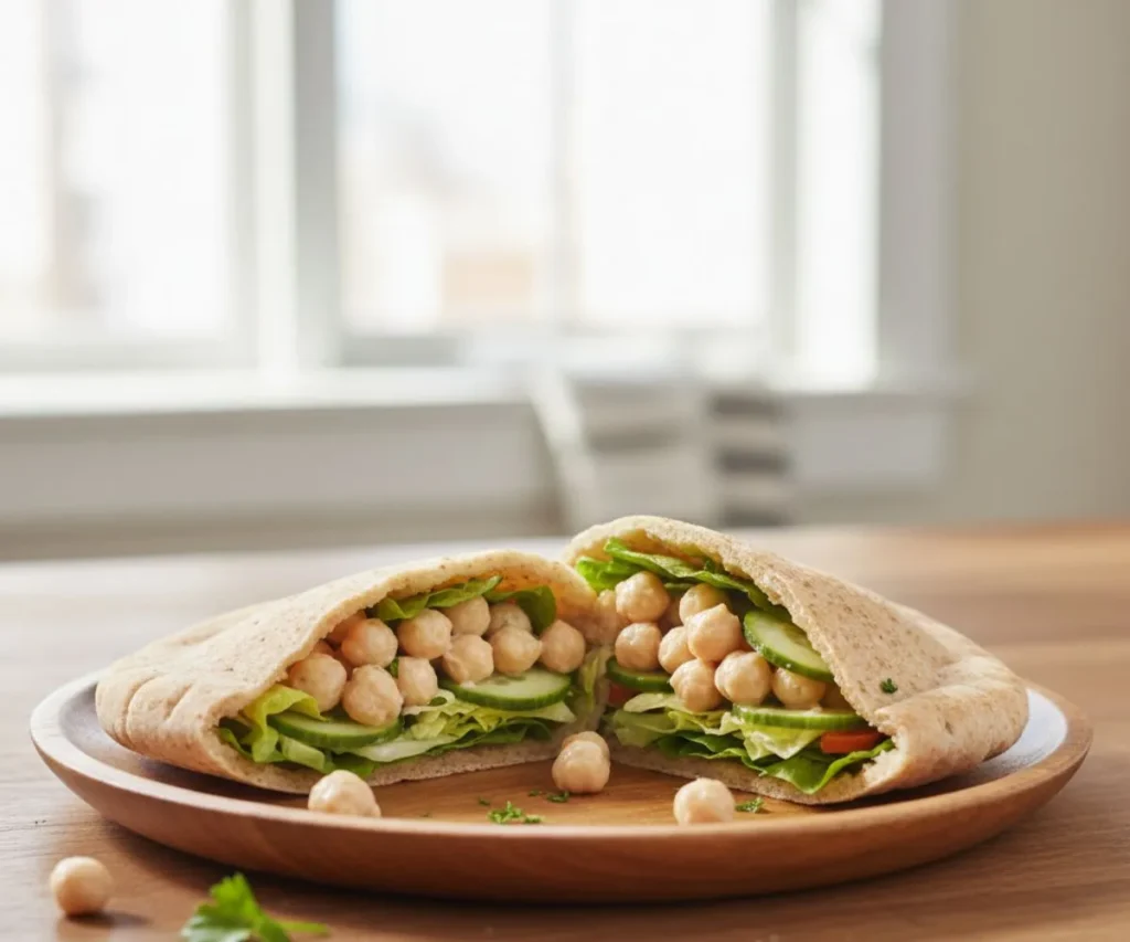 Tahini chickpea salad served in whole wheat pita bread