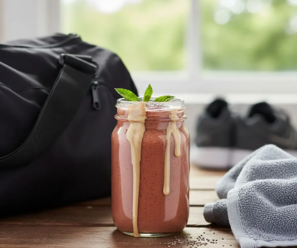Protein smoothie with tahini drizzle for post workout meal