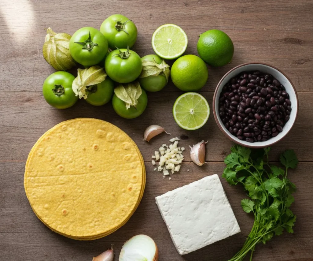 Ingredients for vegan green enchiladas including tortillas and tomatillos