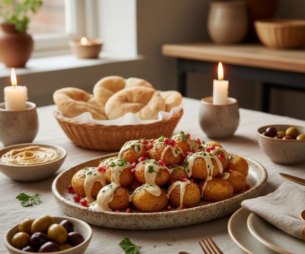 Mediterranean crispy potatoes with tahini served on a party platter