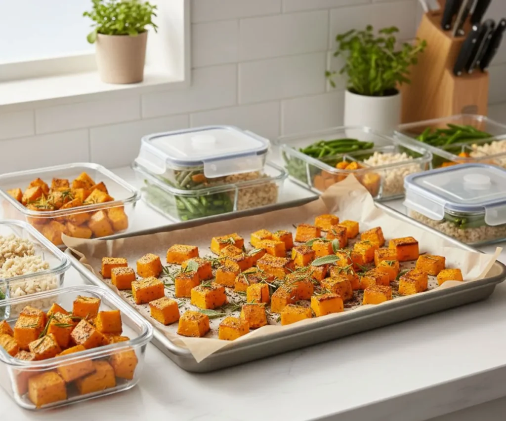 Roasted squash cubes prepared for weekly meal prep