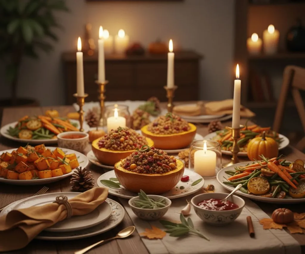 Stuffed squash served at a cozy fall holiday dinner table.