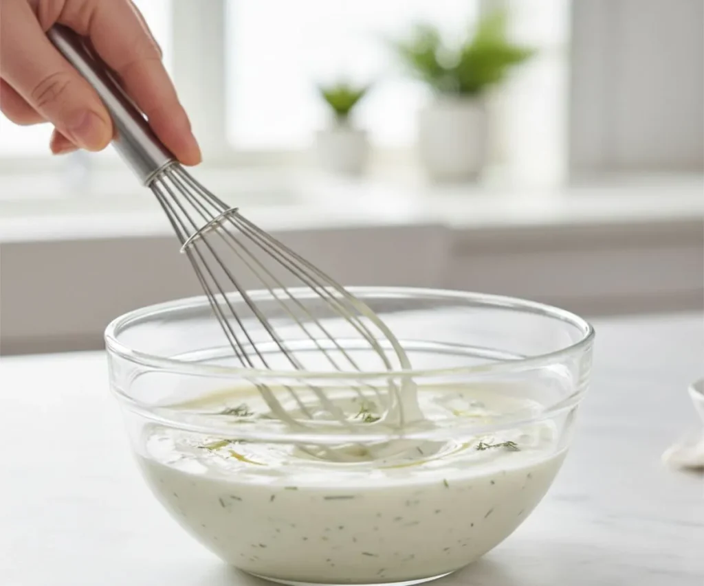 Whisking homemade dill salad dressing in a glass bowl