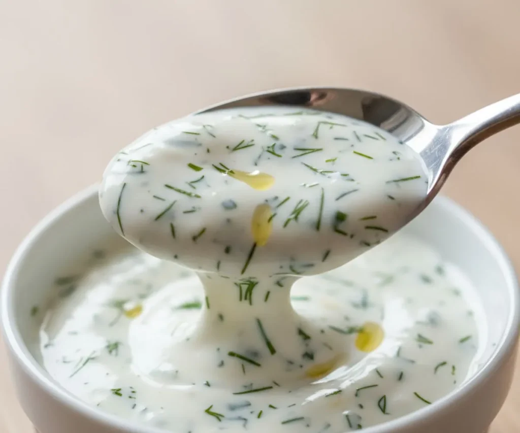 Close-up texture of creamy dill salad dressing with visible fresh herbs