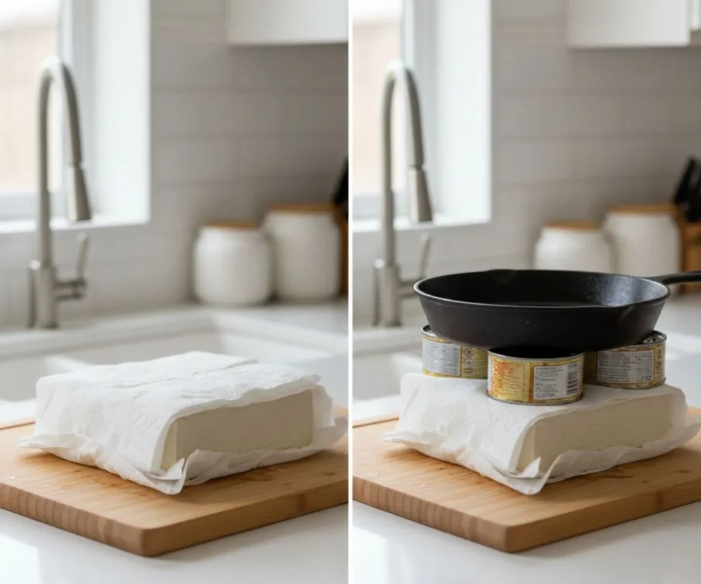 Cooking tofu hash in skillet with crispy potatoes and tofu cubes