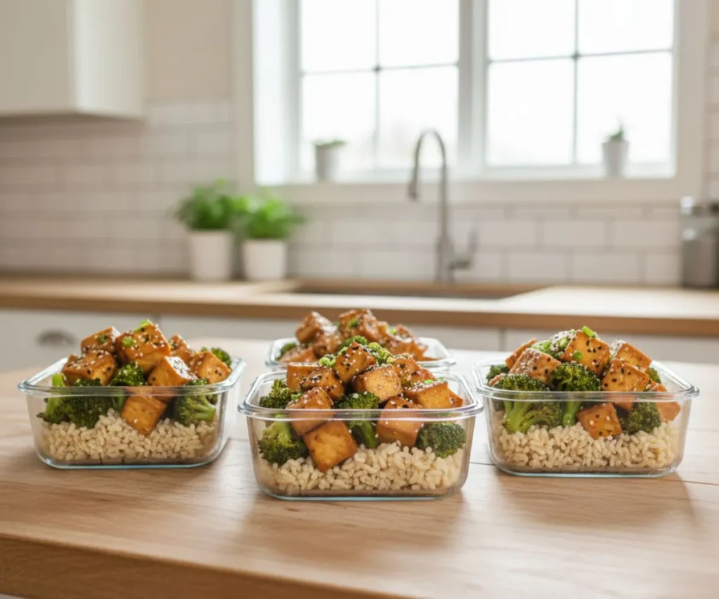 Tofu hash stored in meal prep containers for the week