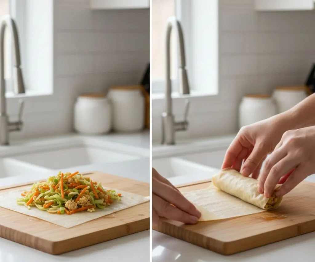 How to roll and seal vegan egg roll wrappers step by step
