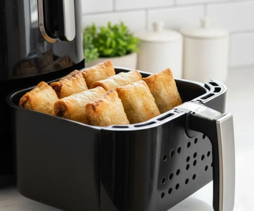 Crispy vegan egg rolls cooking inside an air fryer basket