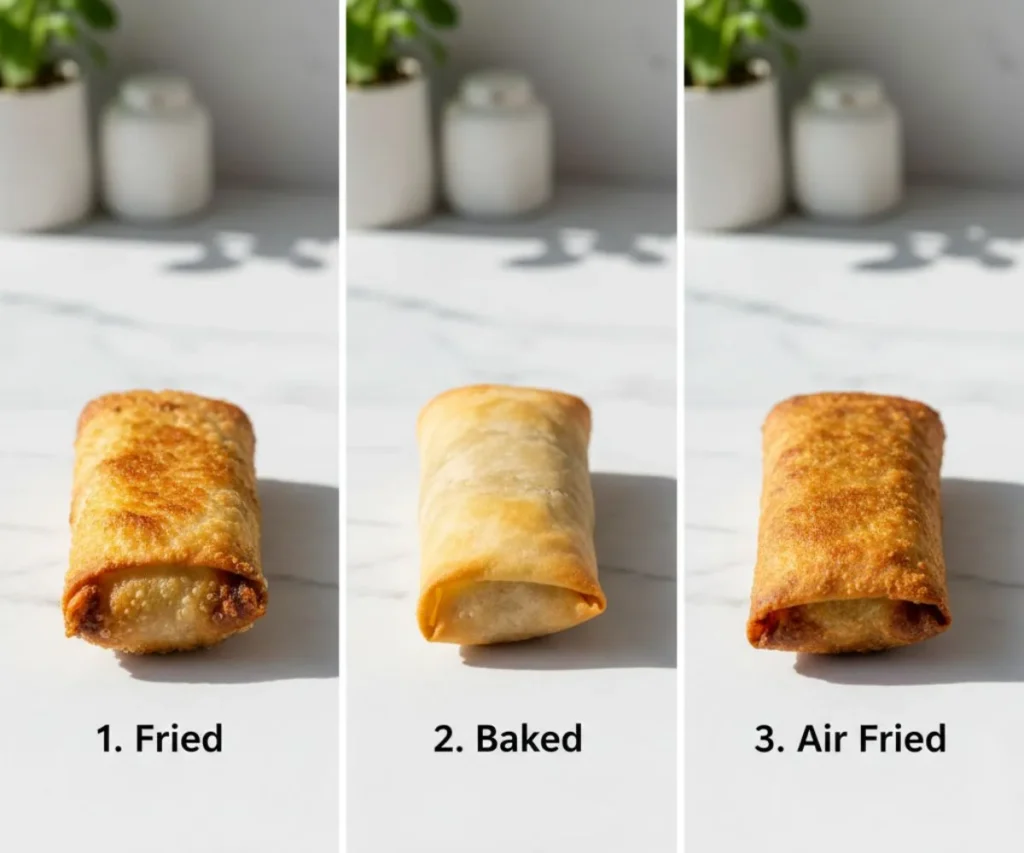 Comparison of fried, baked and air fryer vegan egg rolls