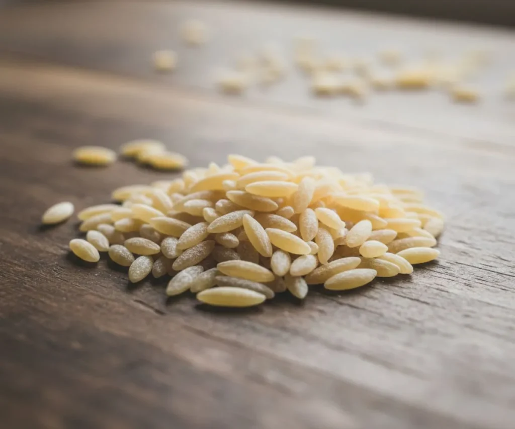 Dry orzo pasta grains on wooden surface