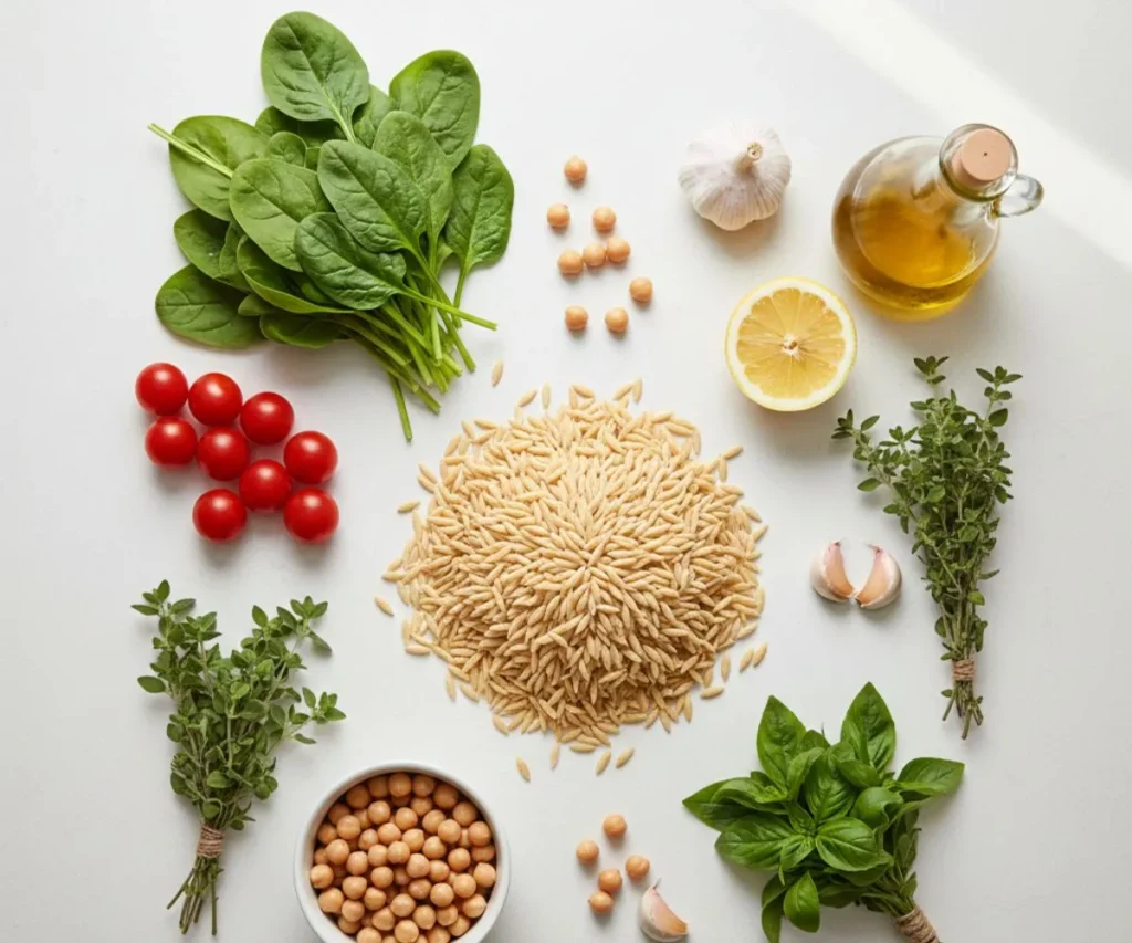 Ingredients for vegan orzo including spinach chickpeas tomatoes and herbs