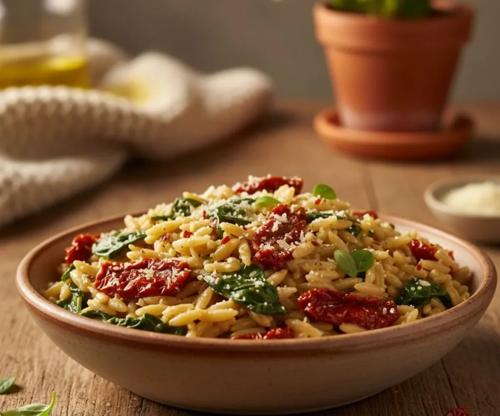 Tuscan style vegan orzo with sun-dried tomatoes and spinach