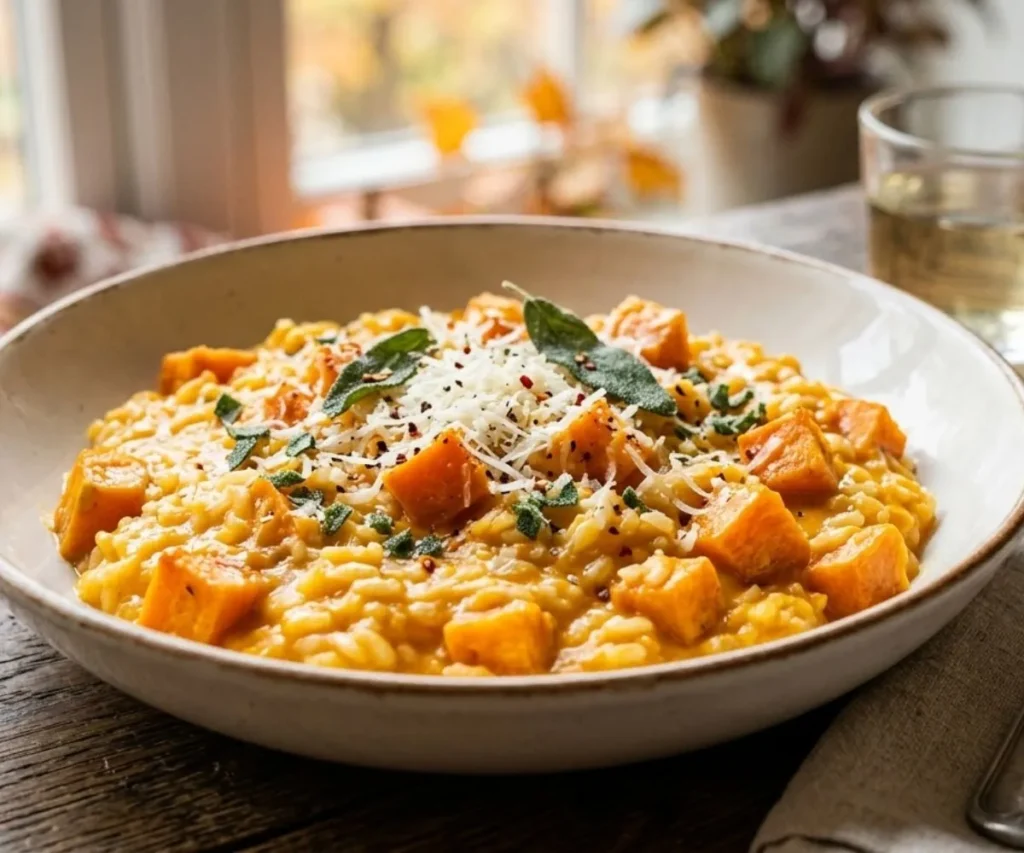 Creamy sweet potato risotto served in a white bowl with parmesan and sage