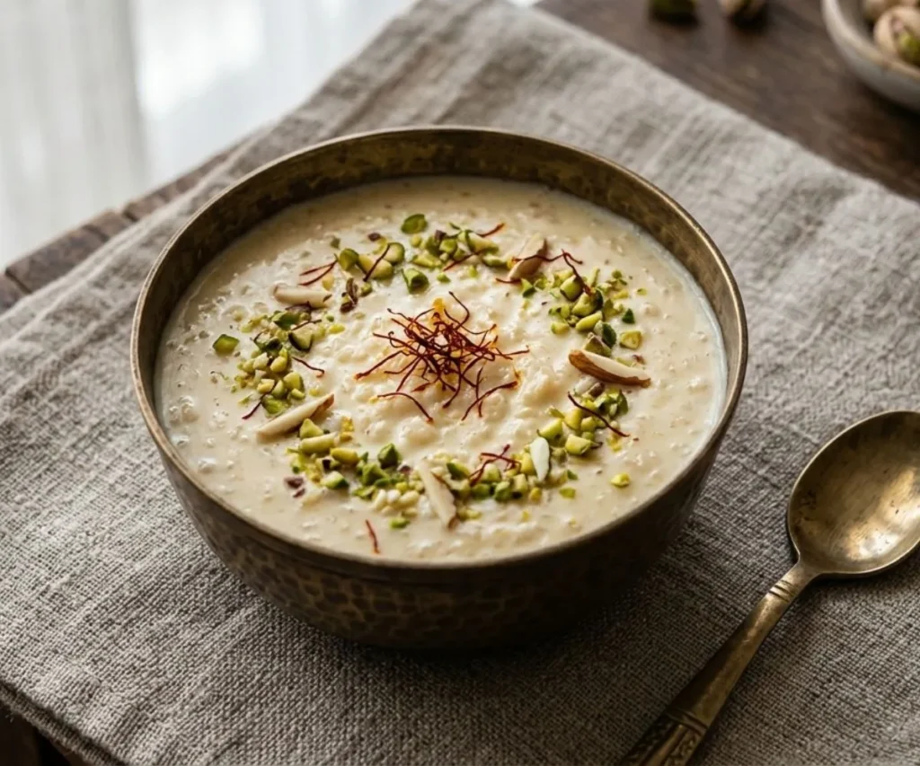 Vegan Kheer Recipe! Authentic, Creamy & Dairy-Free Indian Dessert Creamy vegan kheer recipe served in a brass bowl with saffron and pistachios