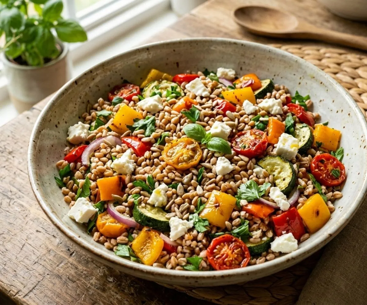 Farro vegetable salad with roasted vegetables and feta cheese in a ceramic bowl