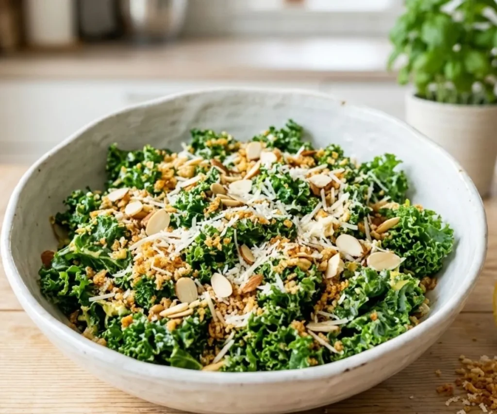 Crunchy kale salad with toasted panko and almonds in a white bowl