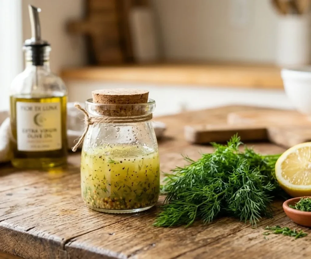 Fresh homemade dill vinaigrette recipe in a glass jar with lemon and fresh dill