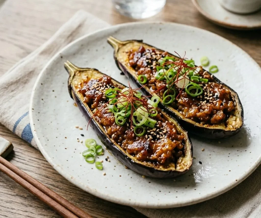 Stuffed Japanese eggplant recipe with miso nikumiso filling and green onion garnish