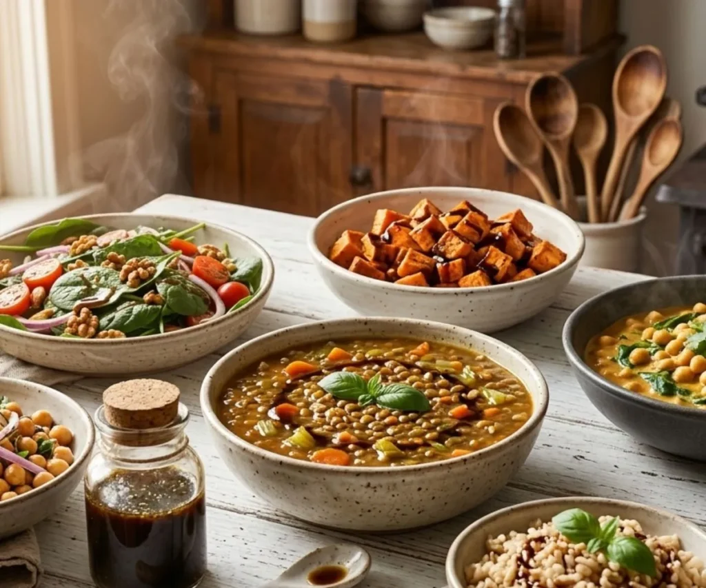 Vegan Winter Meals Recipe! Cozy, Filling, and Easy Ideas for Cold Days Cozy vegan winter meals including lentil soup, curry, and roasted vegetables on a wooden table