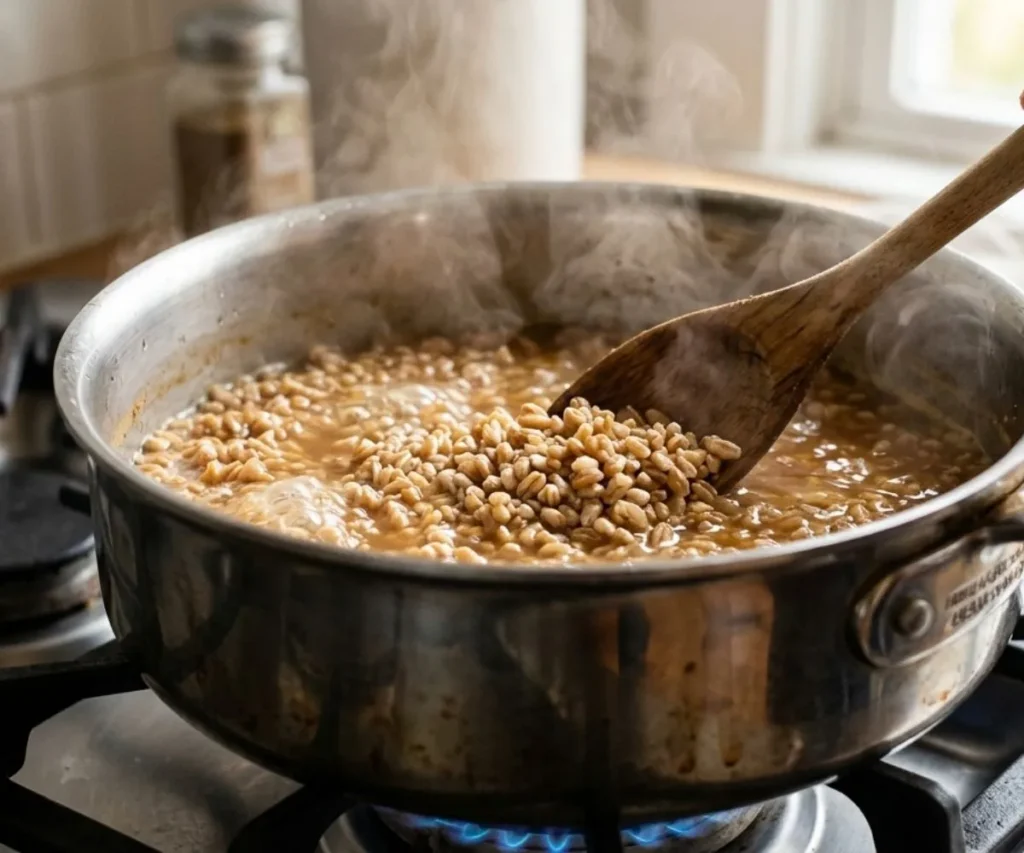 Cooking pearled farro in a pot on the stovetop