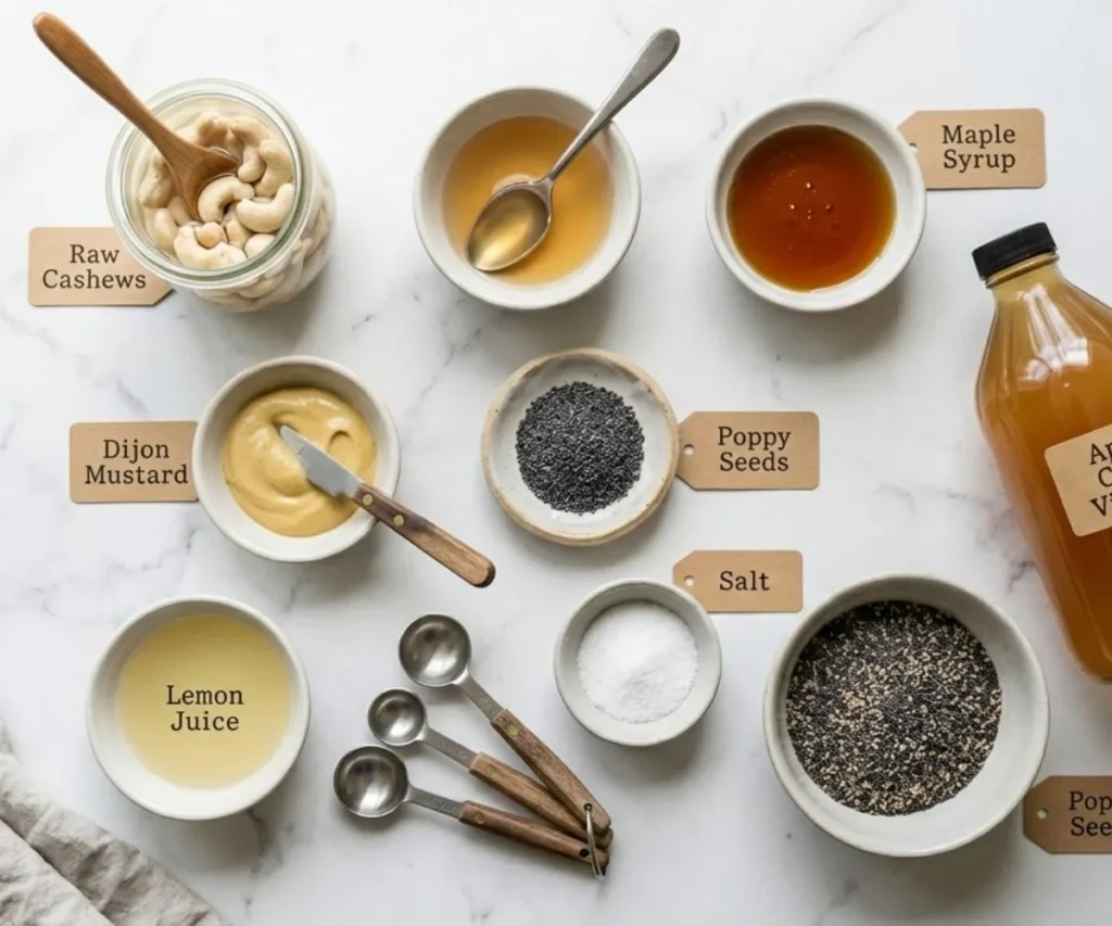 Ingredients for vegan poppyseed dressing including cashews, vinegar, maple syrup, and poppy seeds