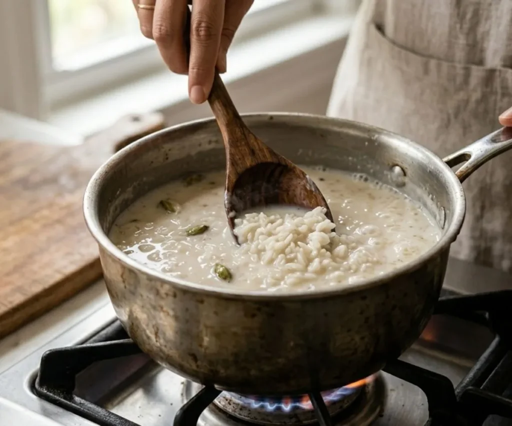 Cooking rice in plant-based milk for vegan kheer recipe