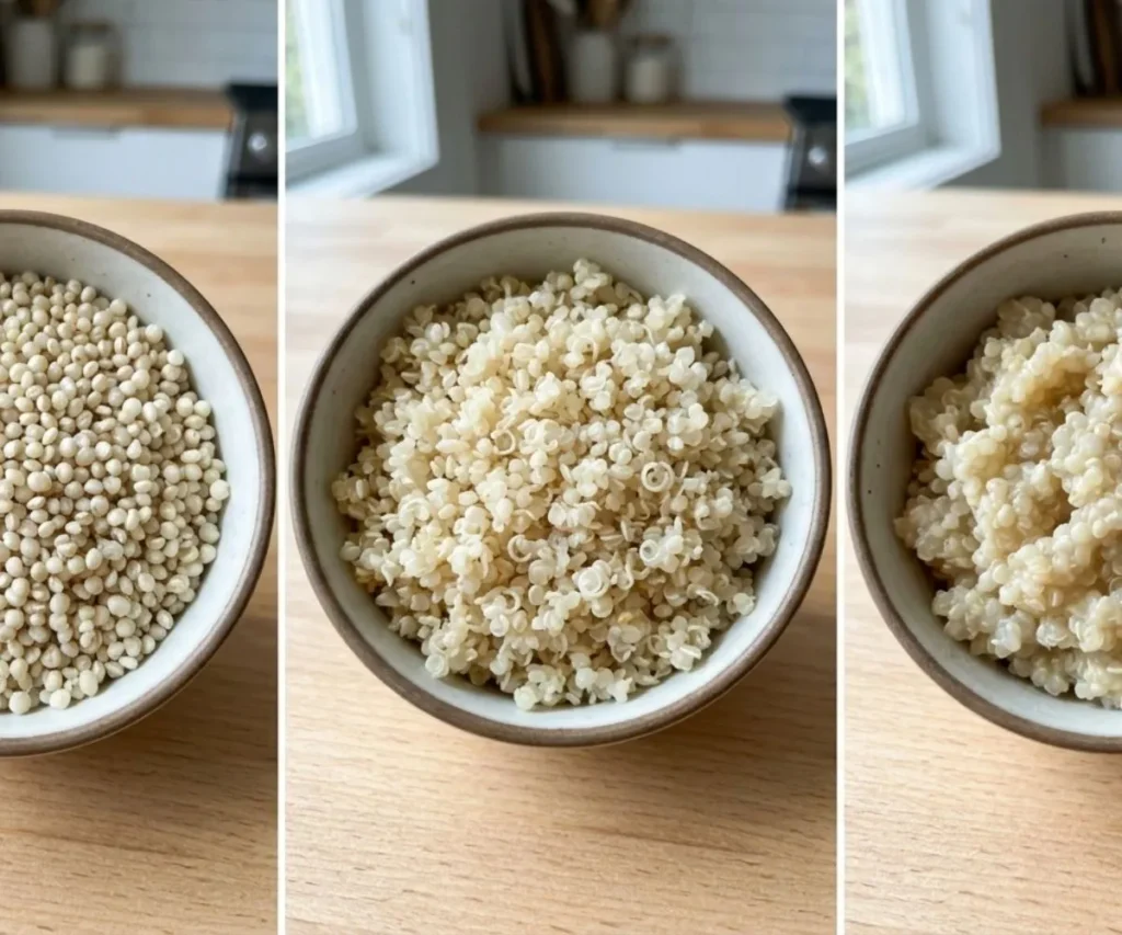 Comparison of undercooked, perfectly cooked, and mushy quinoa texture