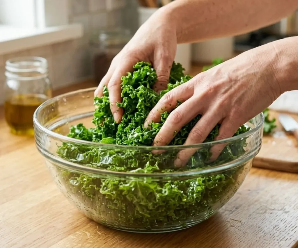Massaging kale leaves to soften texture for crunchy kale salad