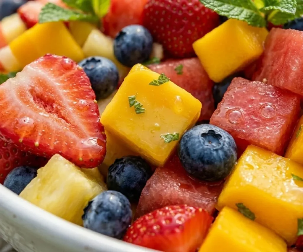 Close up of mixed fresh fruits used in summer fruit salad recipe