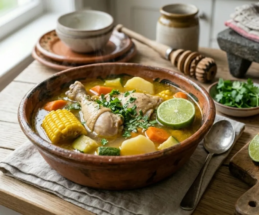 Traditional caldo de pollo Mexican food soup with vegetables
