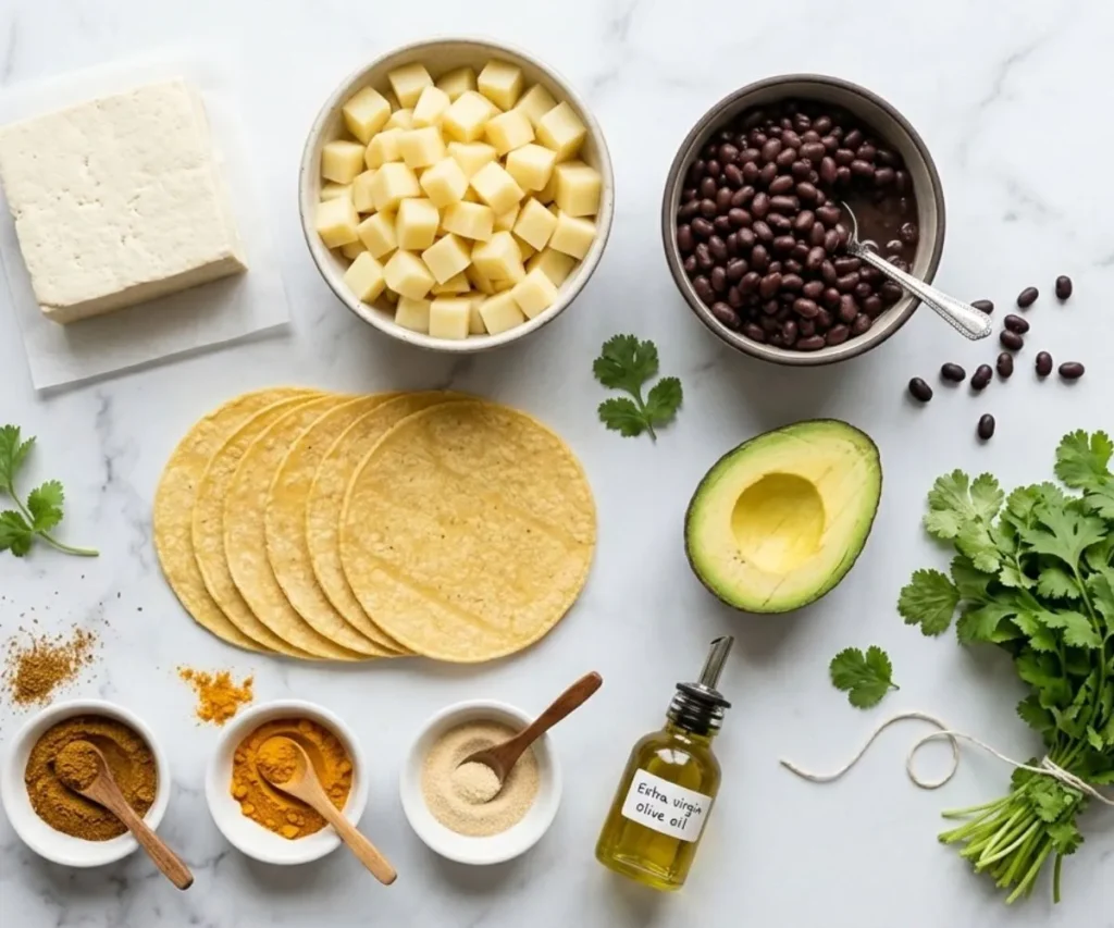 Ingredients for vegan breakfast tacos including tofu, potatoes, beans and tortillas