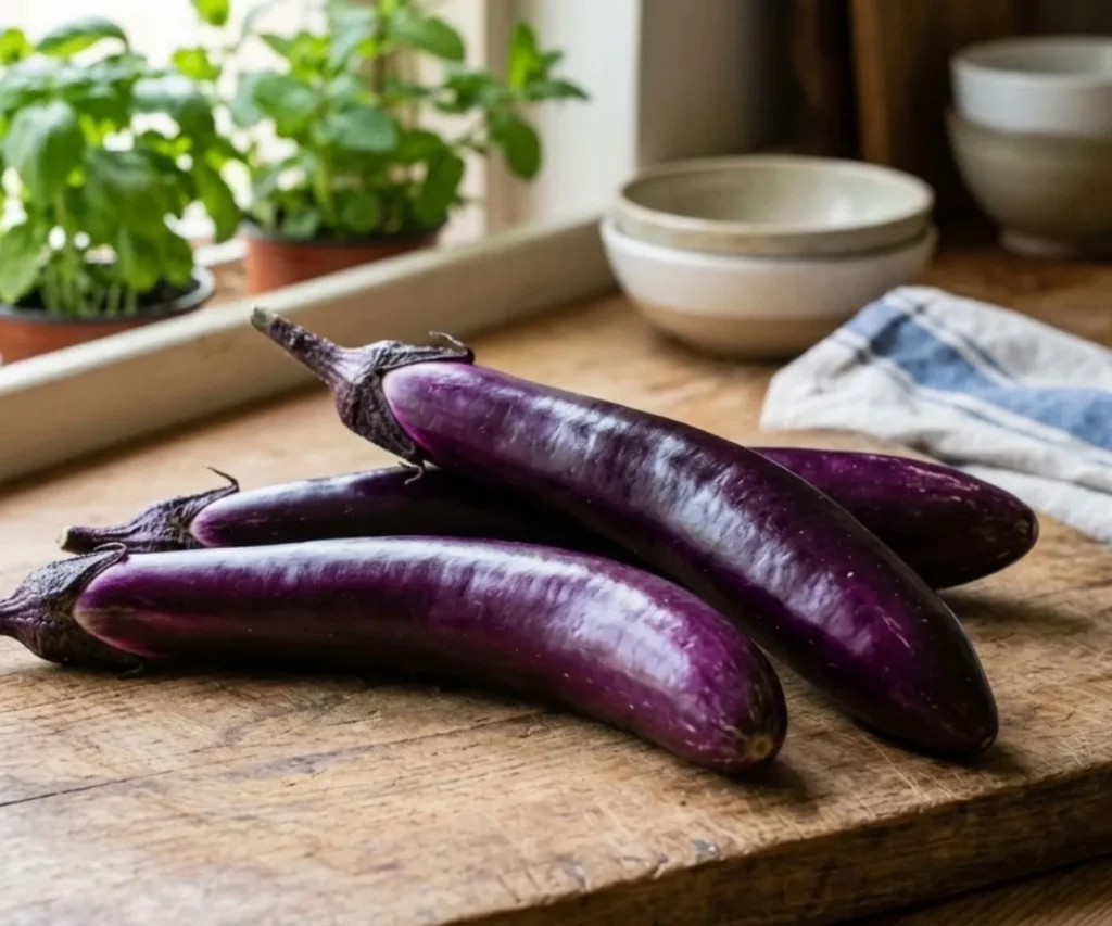 Fresh Japanese eggplant long and thin compared to regular globe eggplant