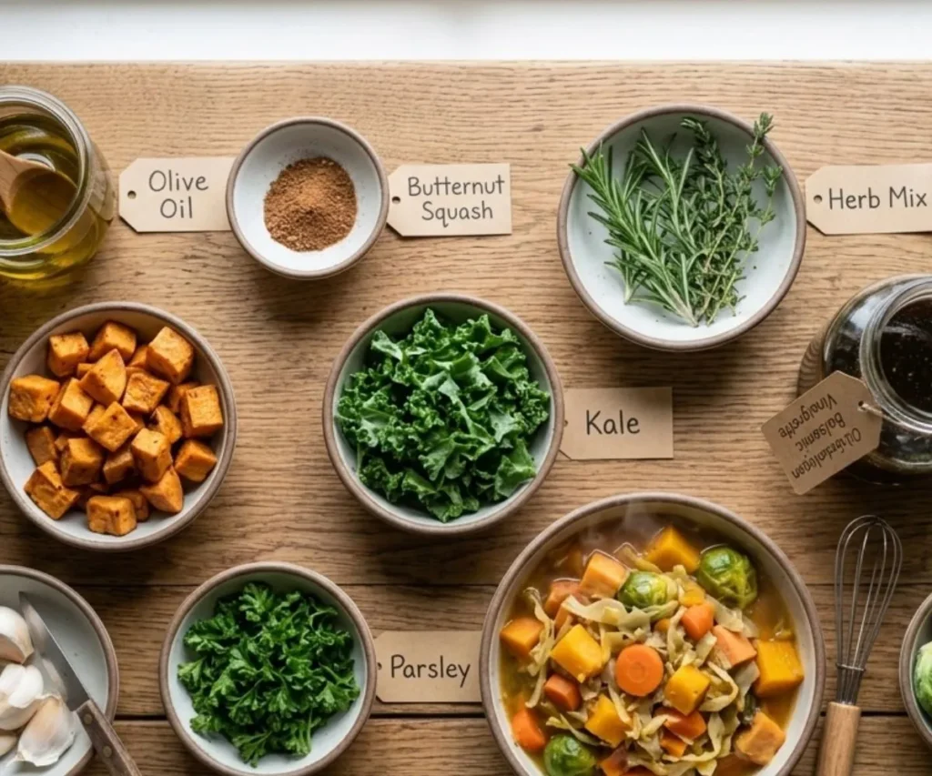 Seasonal winter vegetables in the USA including squash, kale, carrots, and cabbage