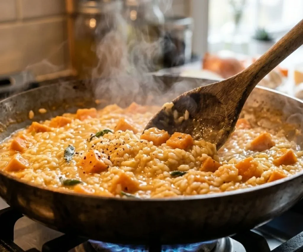 Stirring sweet potato risotto in a pan while adding warm broth