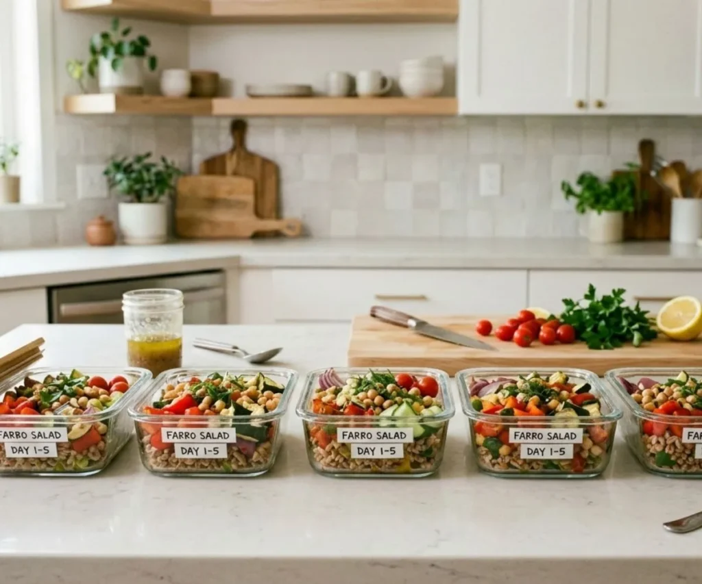 Farro vegetable salad stored in glass meal prep containers