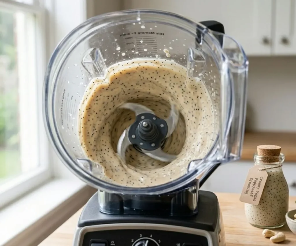Blending creamy vegan poppyseed dressing in a high-speed blender