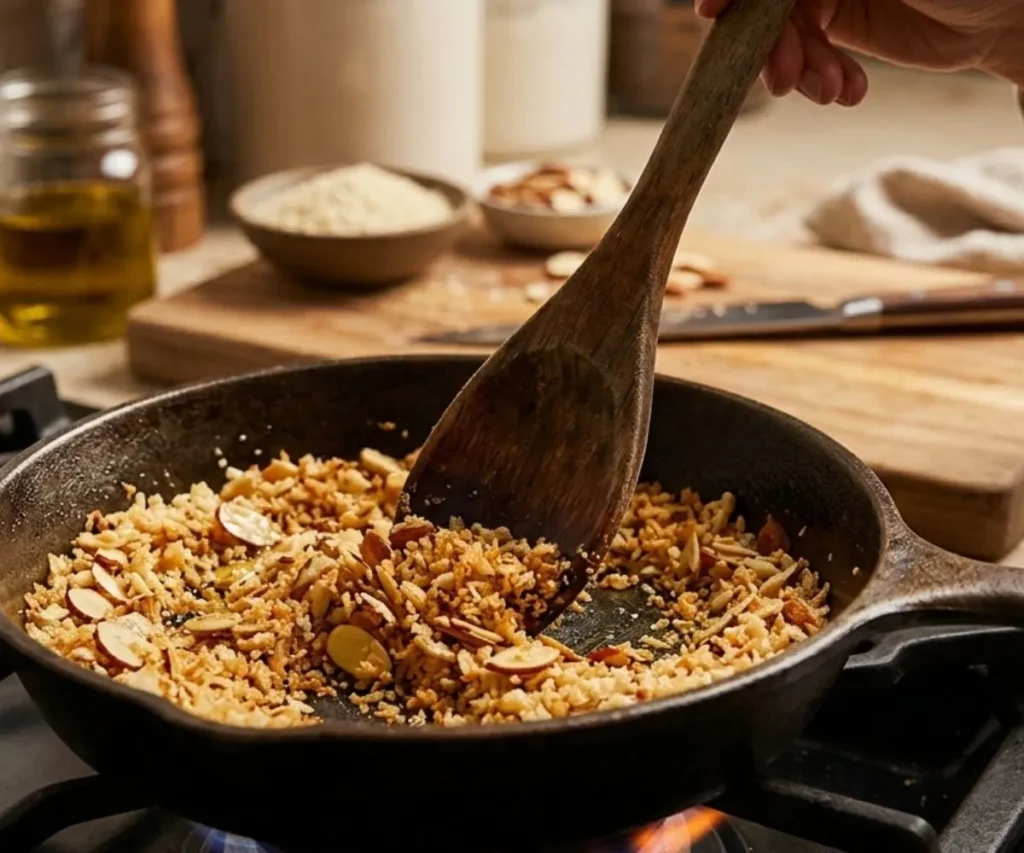 Toasting panko breadcrumbs and almonds for crunchy kale salad