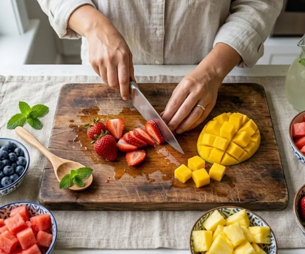 Preparing fresh fruit for summer fruit salad on wooden cutting board