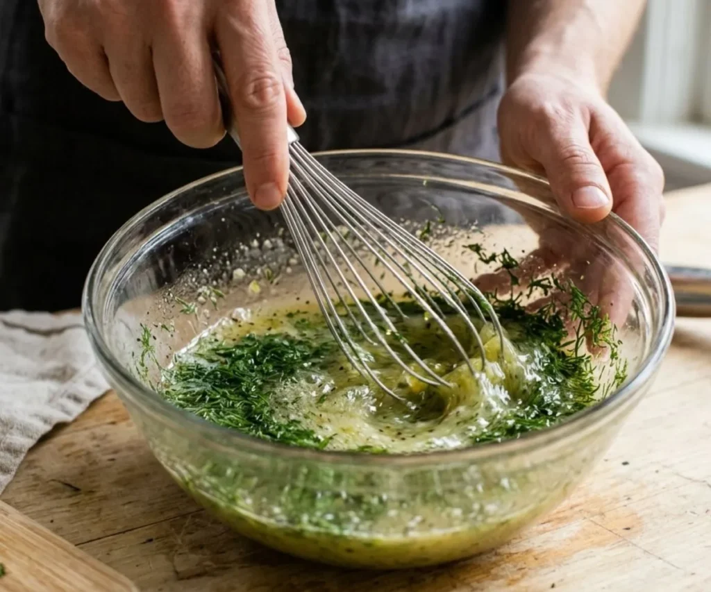 Ingredients for dill vinaigrette recipe including olive oil, lemon, dill, and Dijon mustard