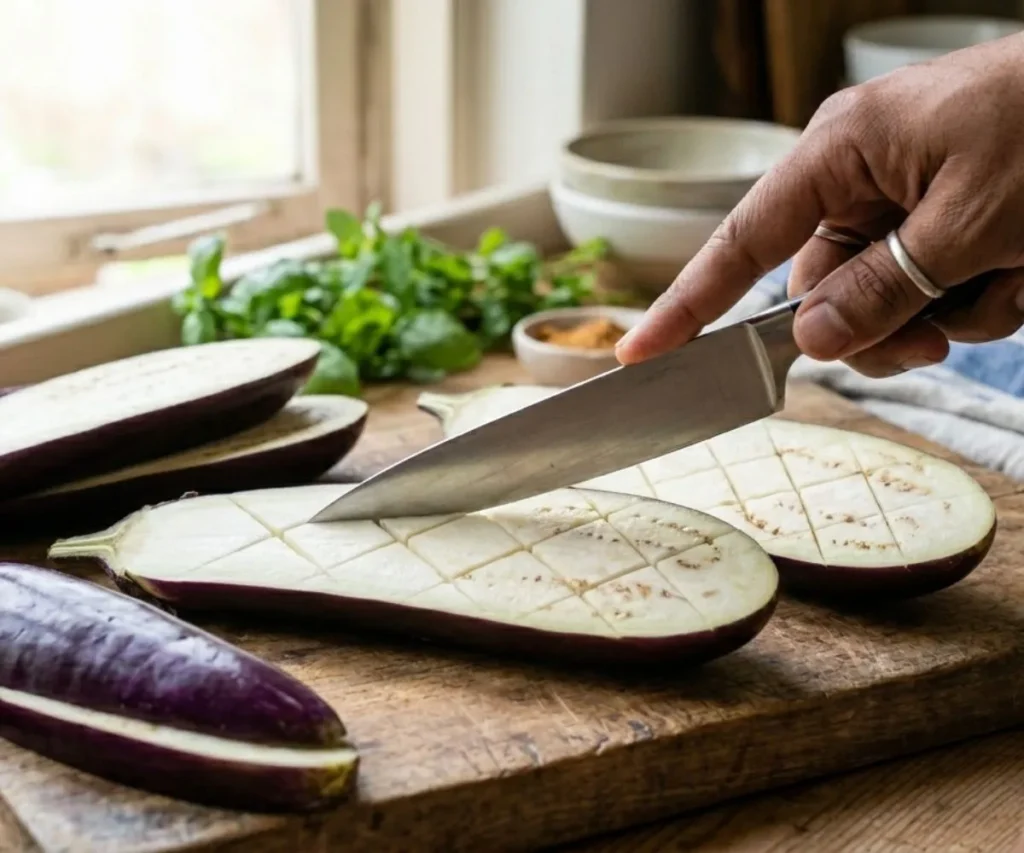 Scoring Japanese eggplant in a crisscross pattern before roasting