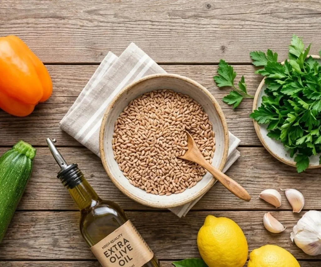 Ingredients needed for farro vegetable salad including farro and fresh vegetables